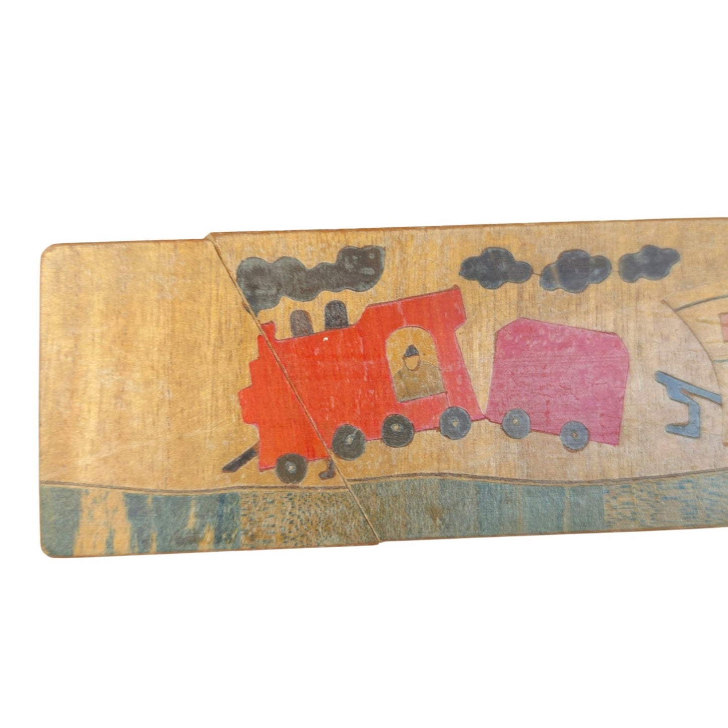 Vintage Wooden Sliding Lid Pencil Box - Hand-Painted Train Motif Mid Century 9"