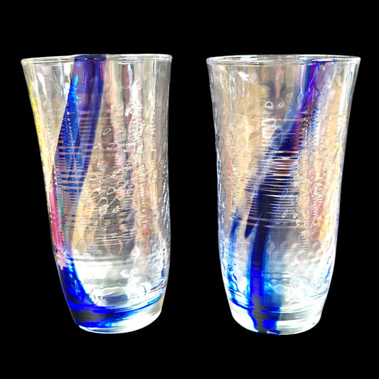 2 Handblown Cobalt Swirl Glasses Textured Glass Blue Ribbon Tumblers