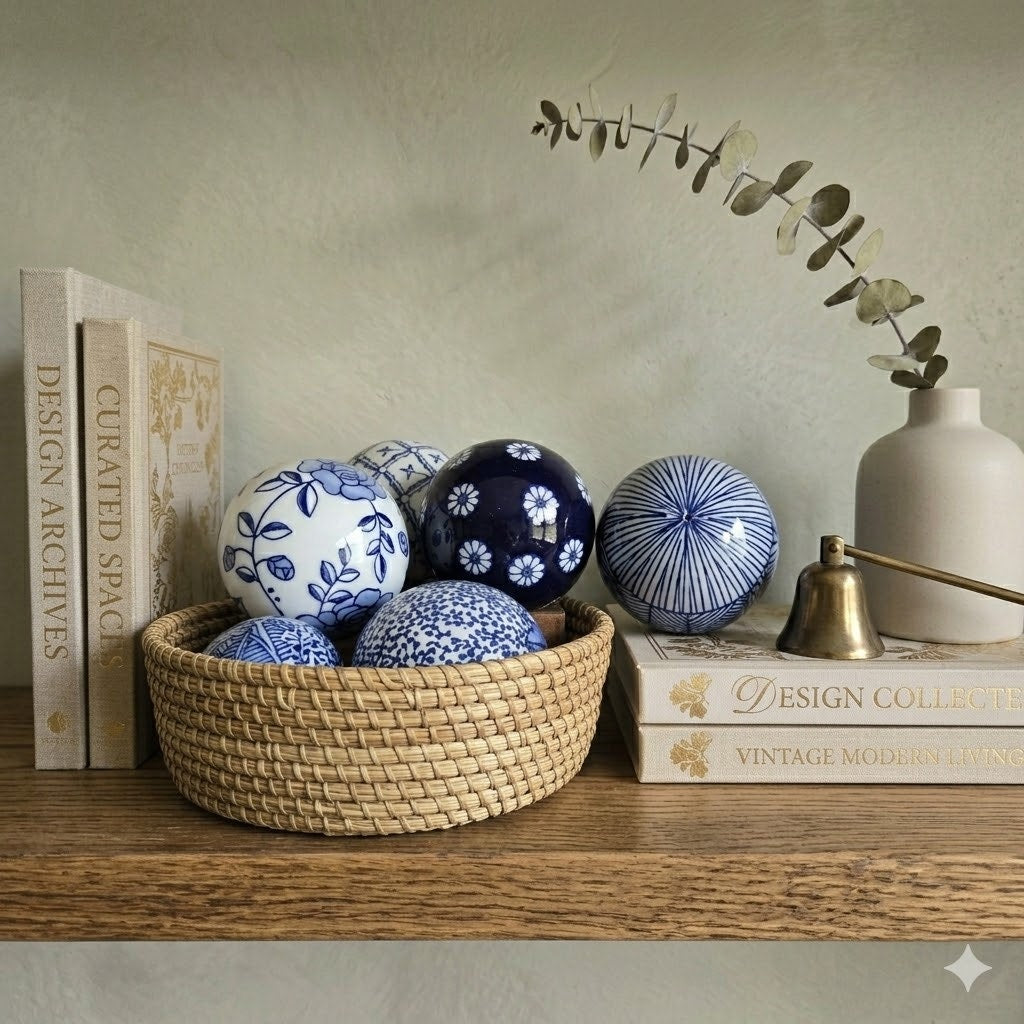 Blue and White Ceramic Decorative Orbs Set of 6 Chinoiserie Style Home Decor