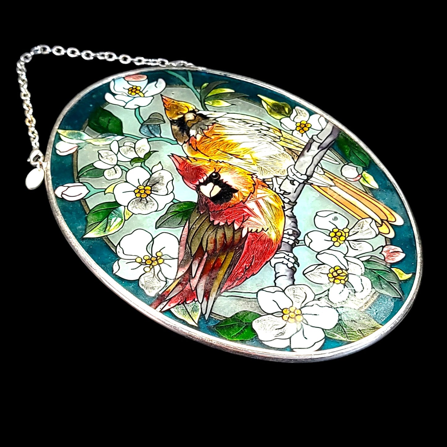 Handpainted Glass SunCatcher with Orchids and Cardinals 7" Oval