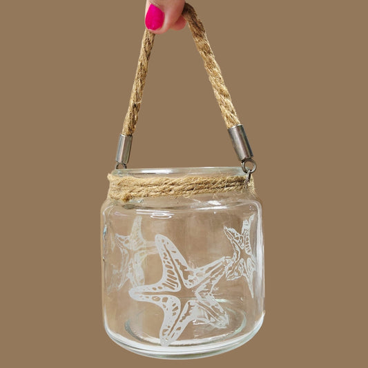 Coastal Hanging Etched Glass Starfish Tealight Candle Holder Nautical Rope Votive Jar