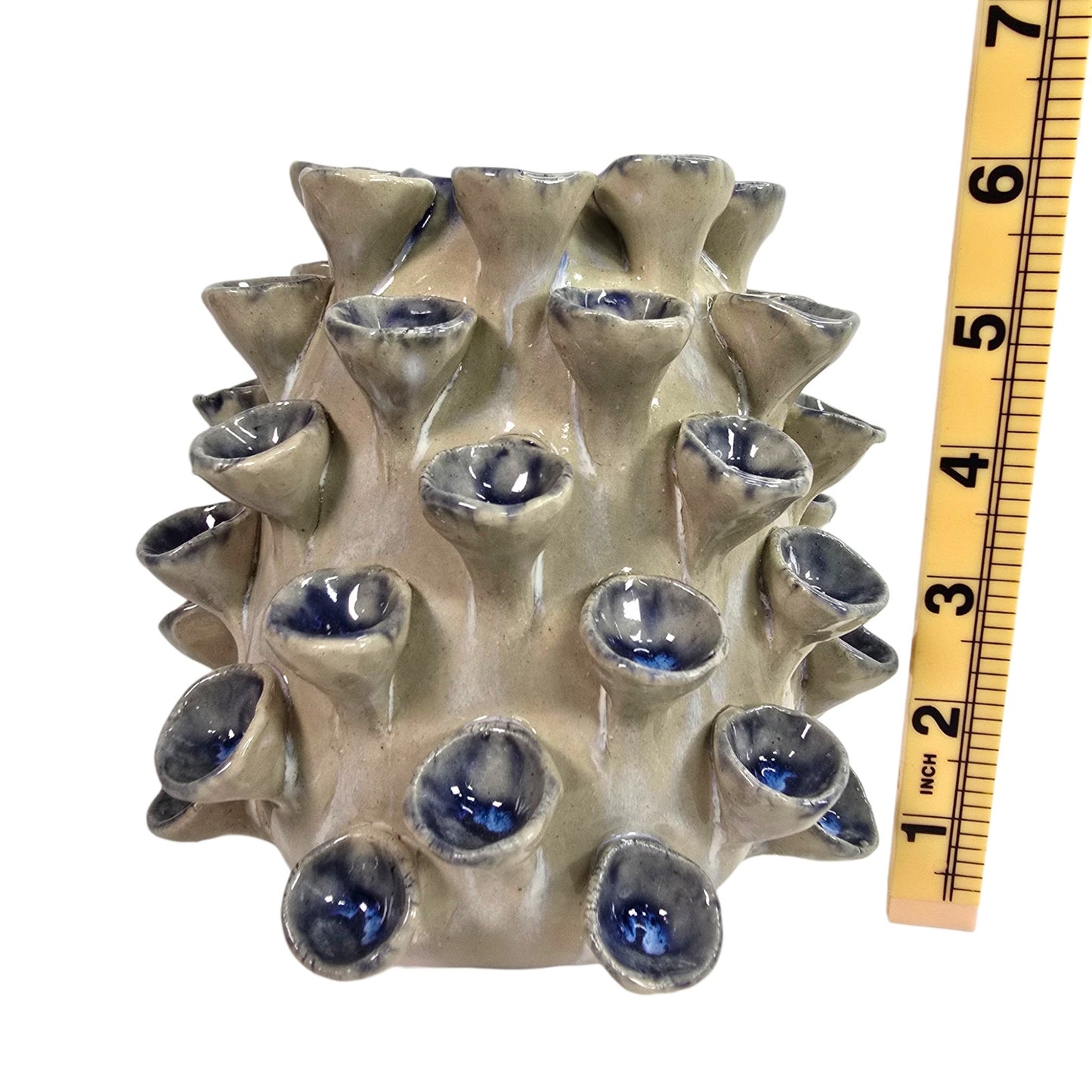 Vintage Art Pottery Barnacle Urchin Vase Thailand Blue Glaze Textured Figural 6"