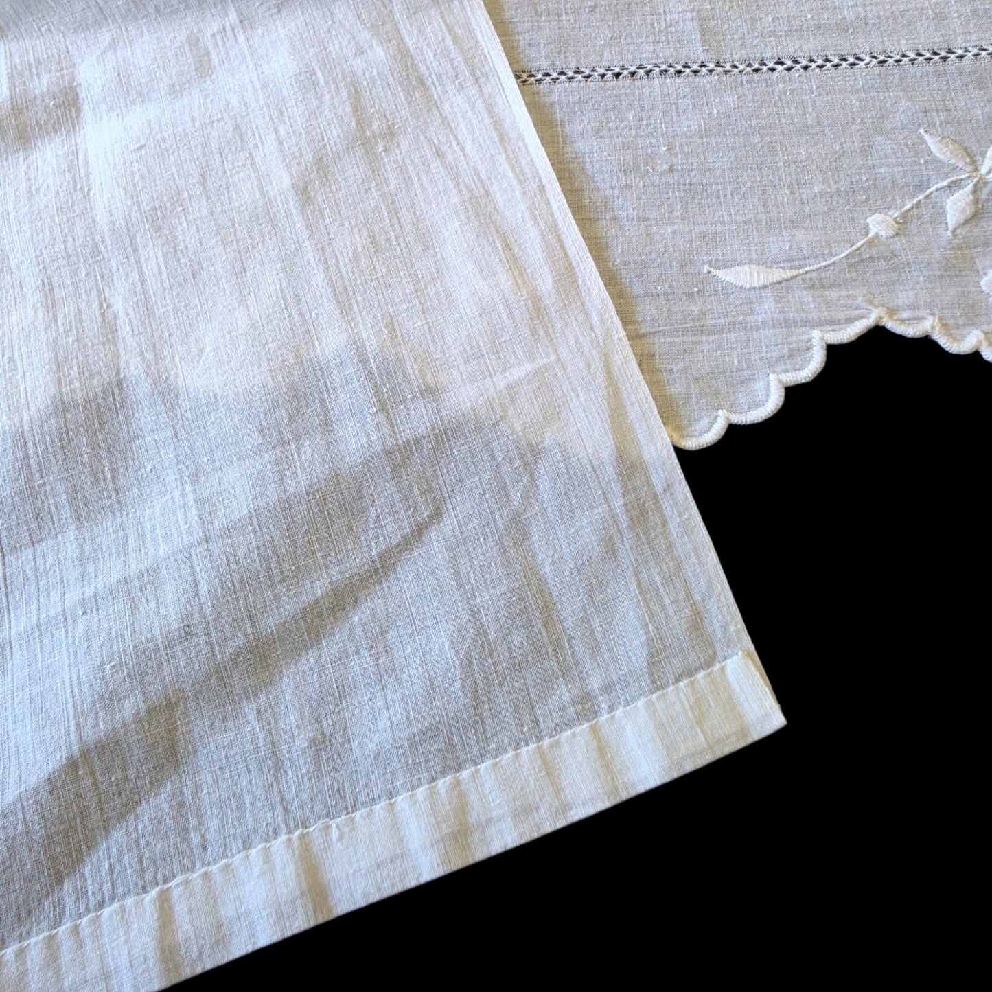 Vintage Linen Table Runner Cutwork Floral White Long Dresser Scarf 75x22