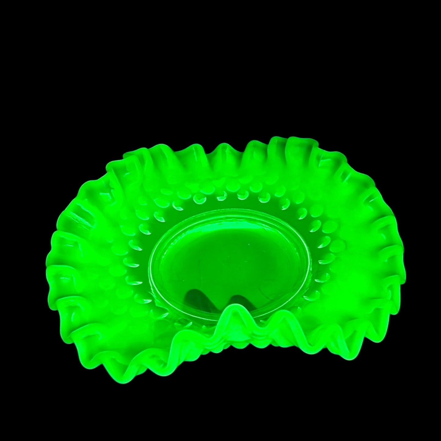 Fenton Green Opalescent Hobnail 3-Pc Set Uranium Vase Basket Dish Glows Green UV