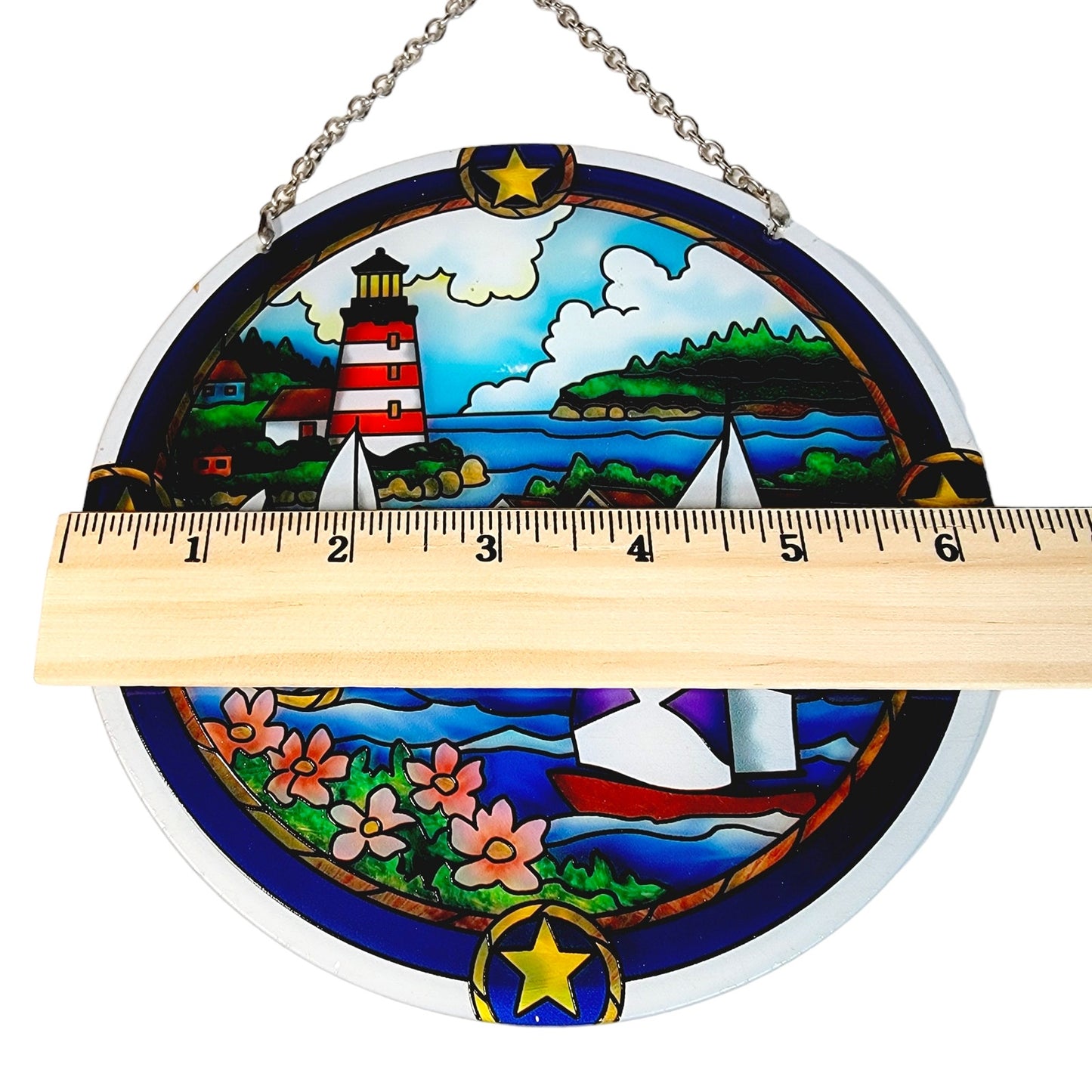 Stain Glass Sailboat Lighthouse Ocean Village Sun Catcher Window Hanging 6.5" D