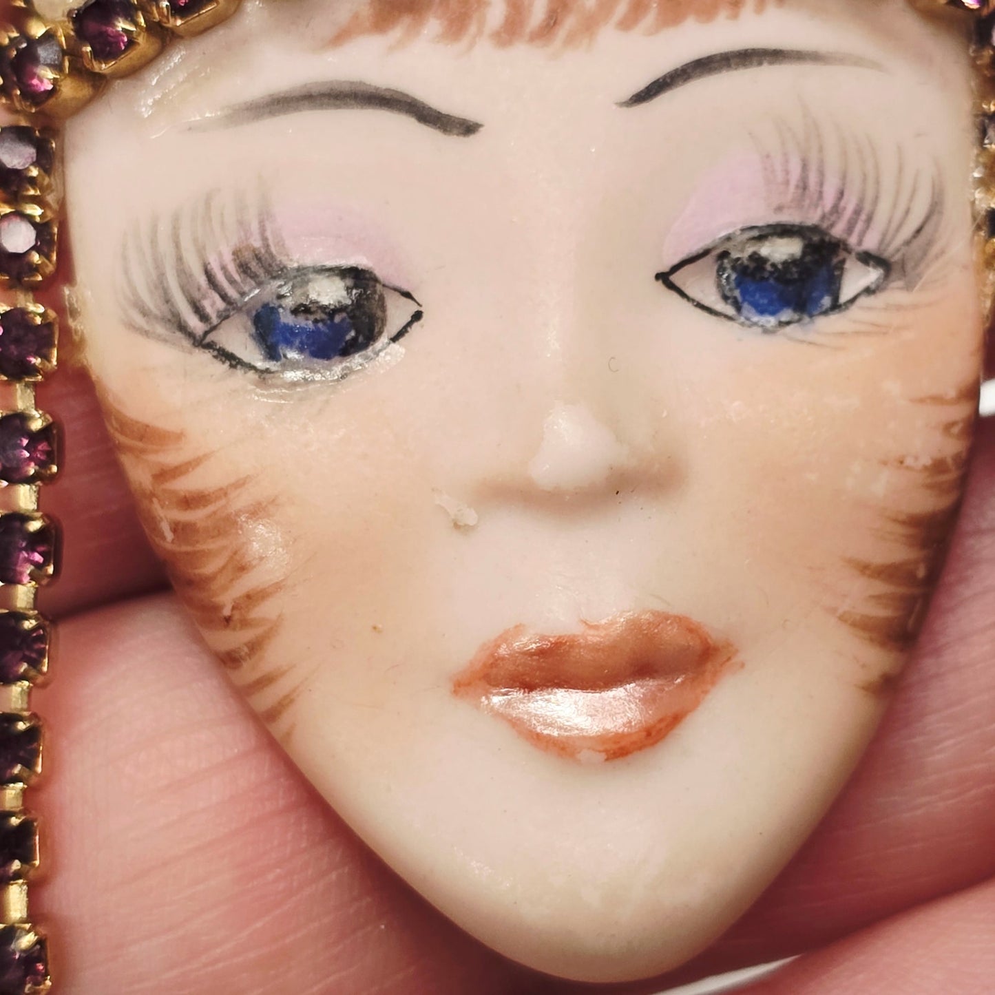 Vintage Art Deco Lady Face Brooch Signed Rhinestone Faux Pearl Flapper 1990 Pin