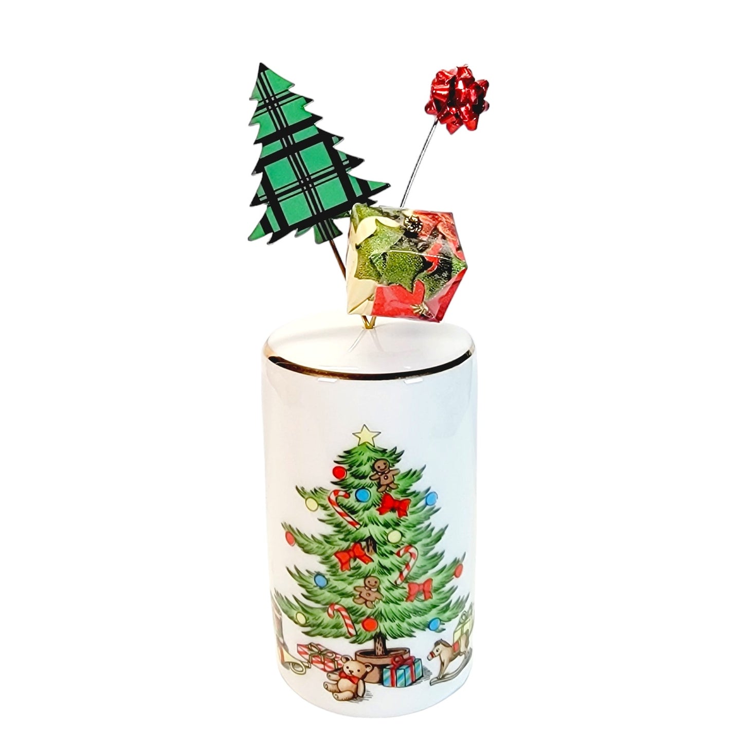 Christmas Tree Shaker Display with 3 Pins: Tree, Present and Ornament Pins