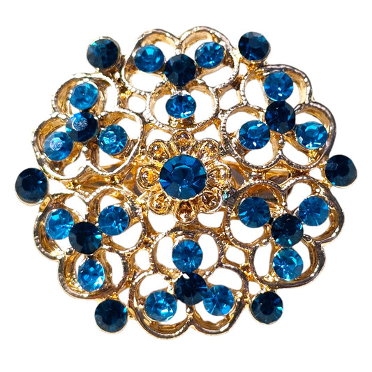 Gold Tone Double Blue Shade Rhinestone Cocktail Brooch