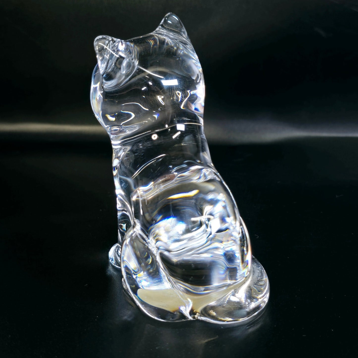 Handblown Clear Art Glass Cat, Polished Bottom