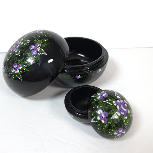 Hand Painted Black Floral Nesting Trinket Boxes Set of 2 Purple Flowers