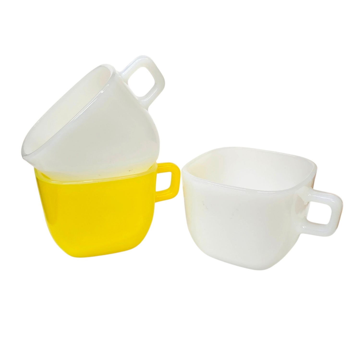 Glasbake Milk Glass Mugs Set 3 Square White Yellow USA Vintage Coffee Cups