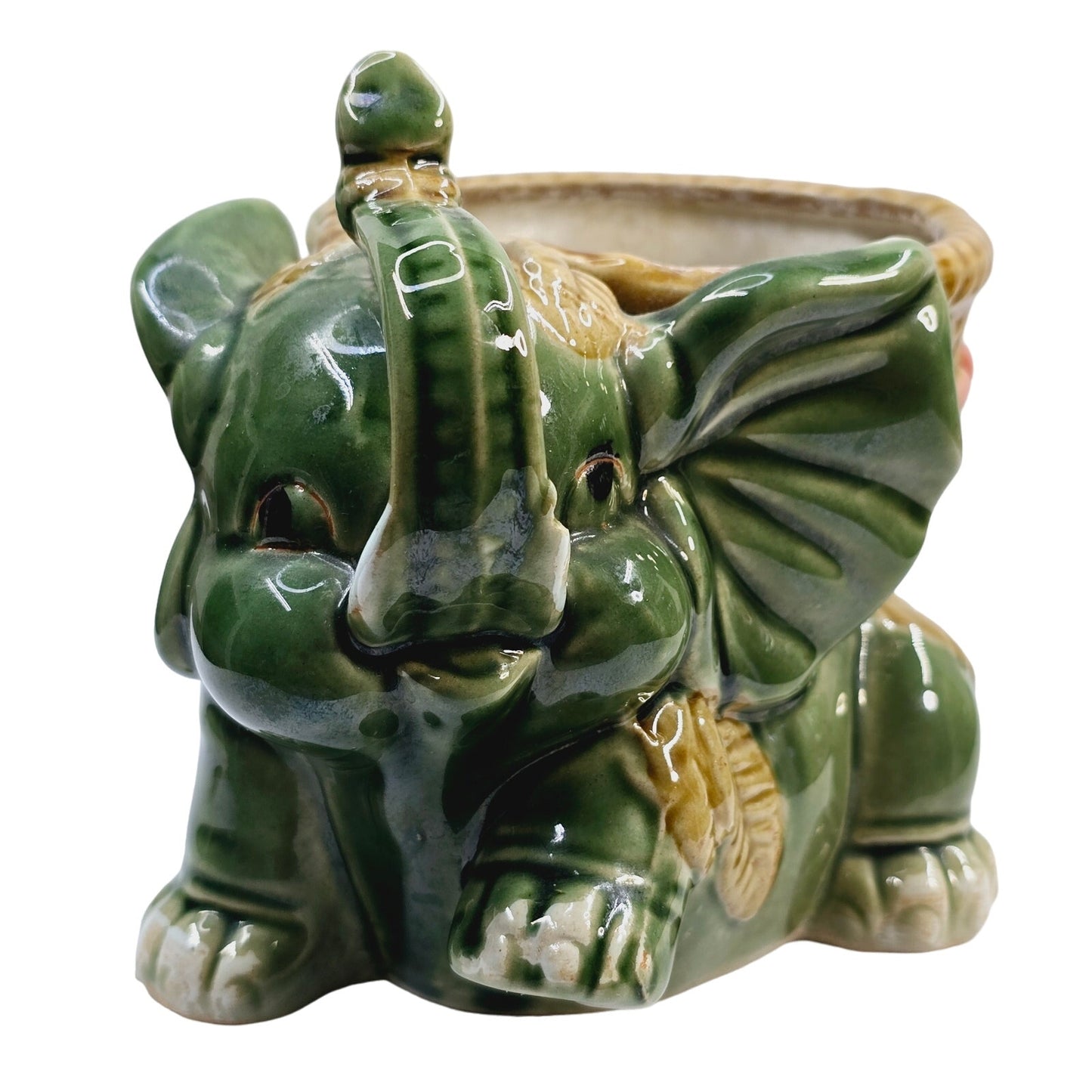 Vintage Majolica Glazed Pottery Lucky Elephant Holding Basket Planter Drip Glaze Trunk Up