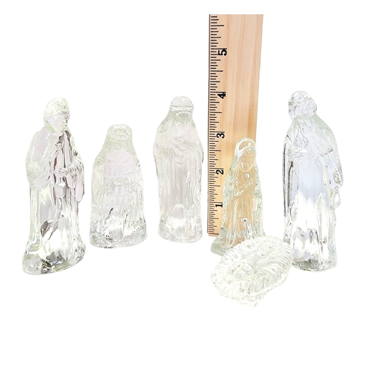 Glass Nativity Scene 6 Piece Boxed Set Figurines Baby Jesus Mary Joseph Kings 4"