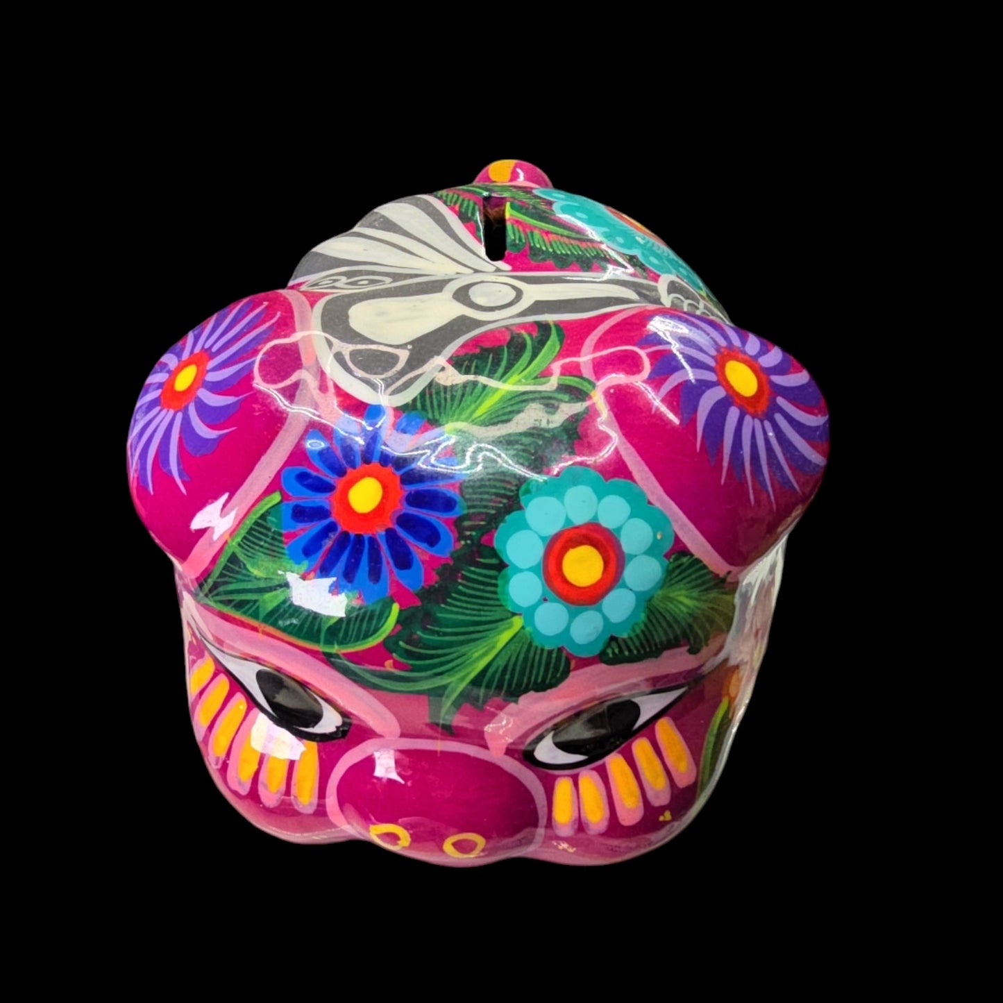 Mexican Pottery Hand-Painted Piggy Bank, Glows under Black Light