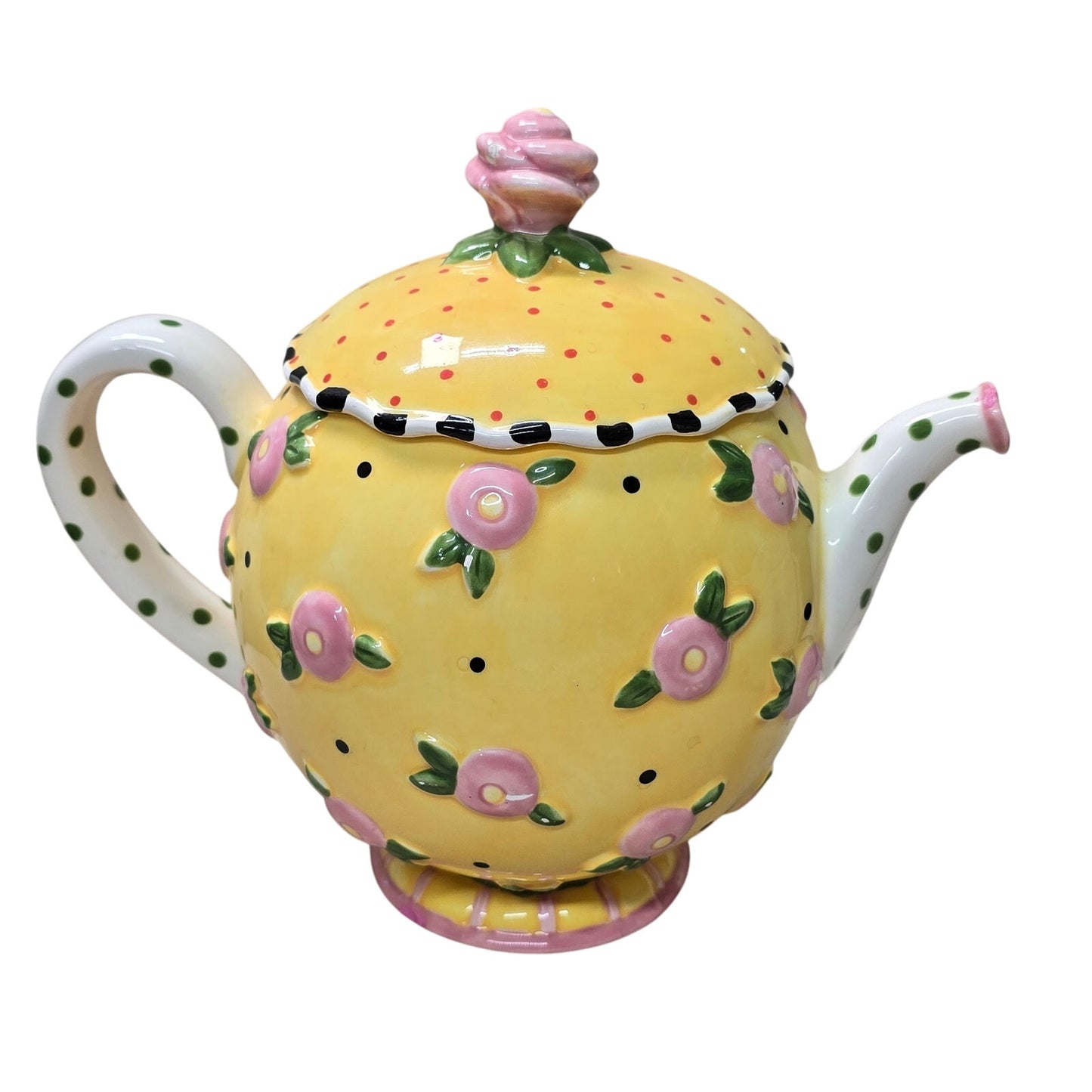 AS IS VTG 1997 ME Mary Engelbreit Ceramic Teapot, Yellow Pink Flower 8”, Flaw