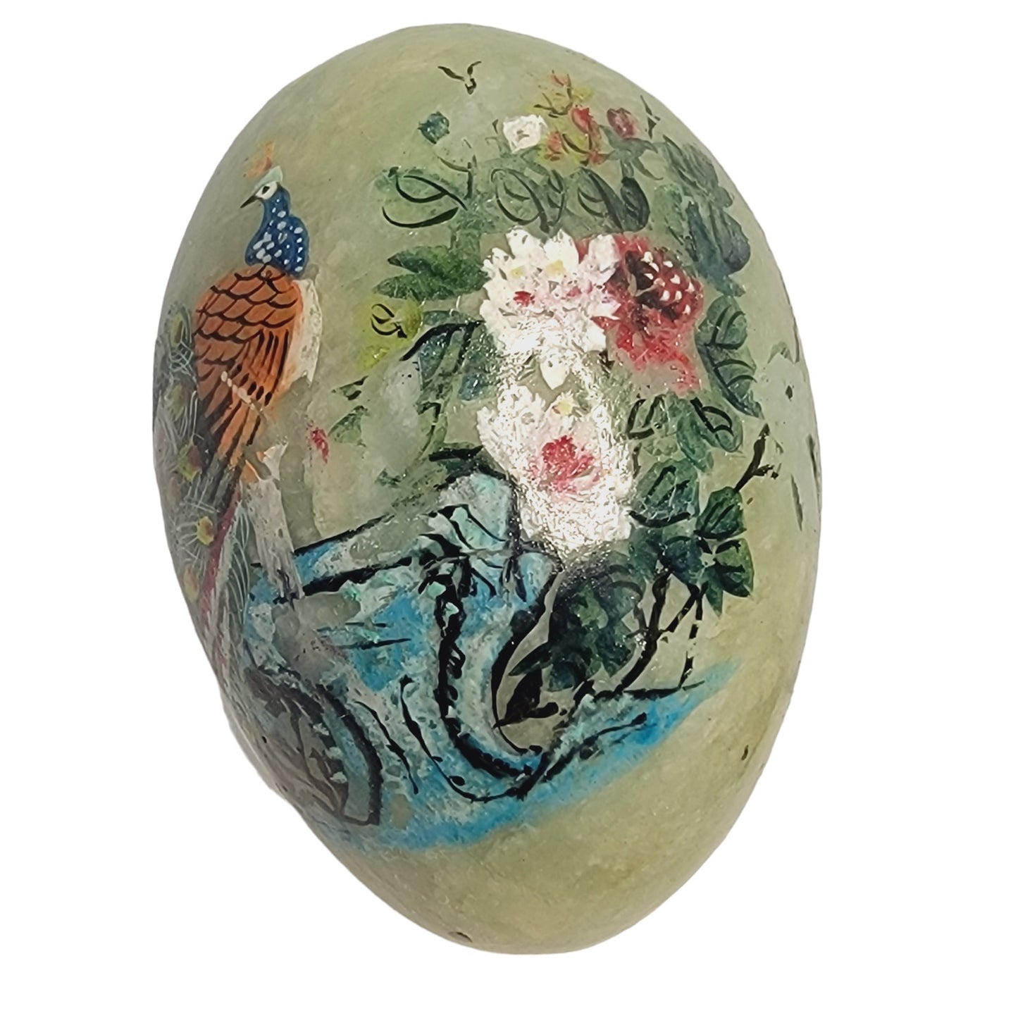 Vtg Genuine Alabaster Hand Painted Egg Paperweight Peacock Flowers Lake Easter