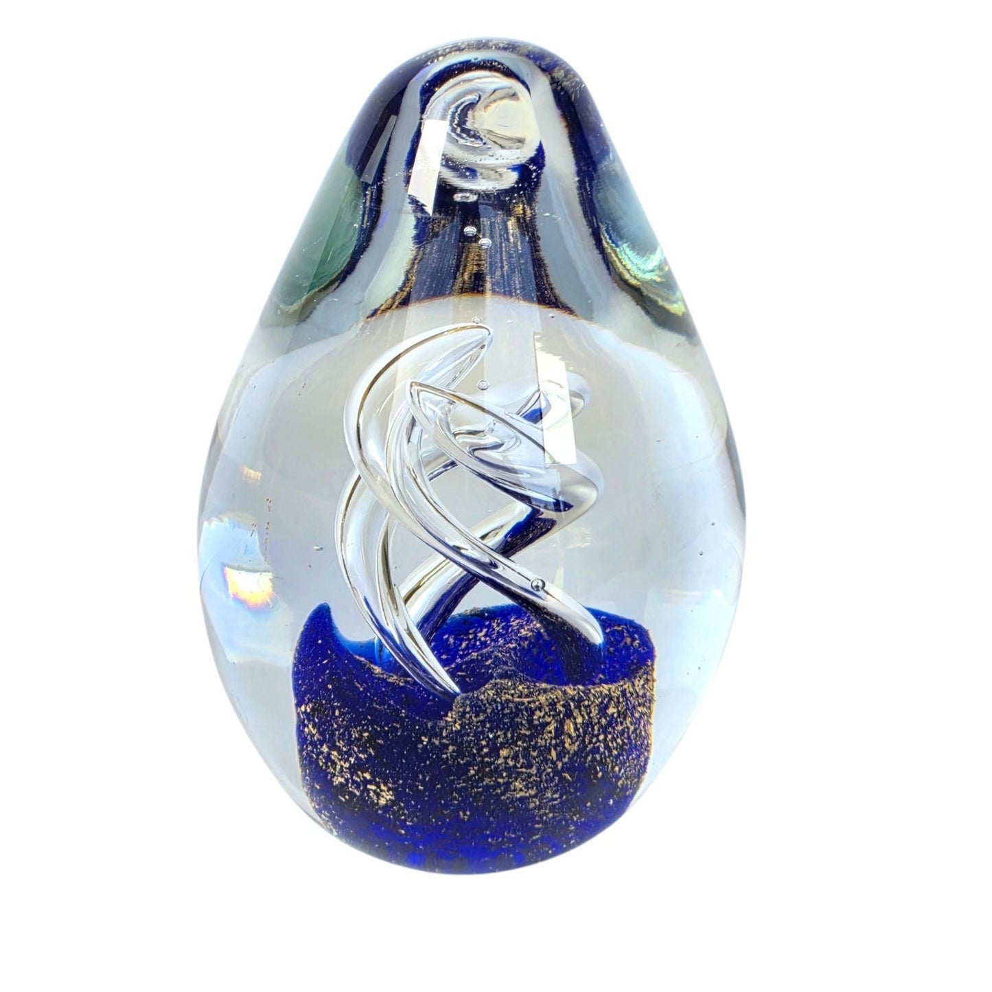 (Reserved for Customer) Vintage Art Glass Egg Paperweight Royal Blue Gold Fleck Aventurine Helix Swirl
