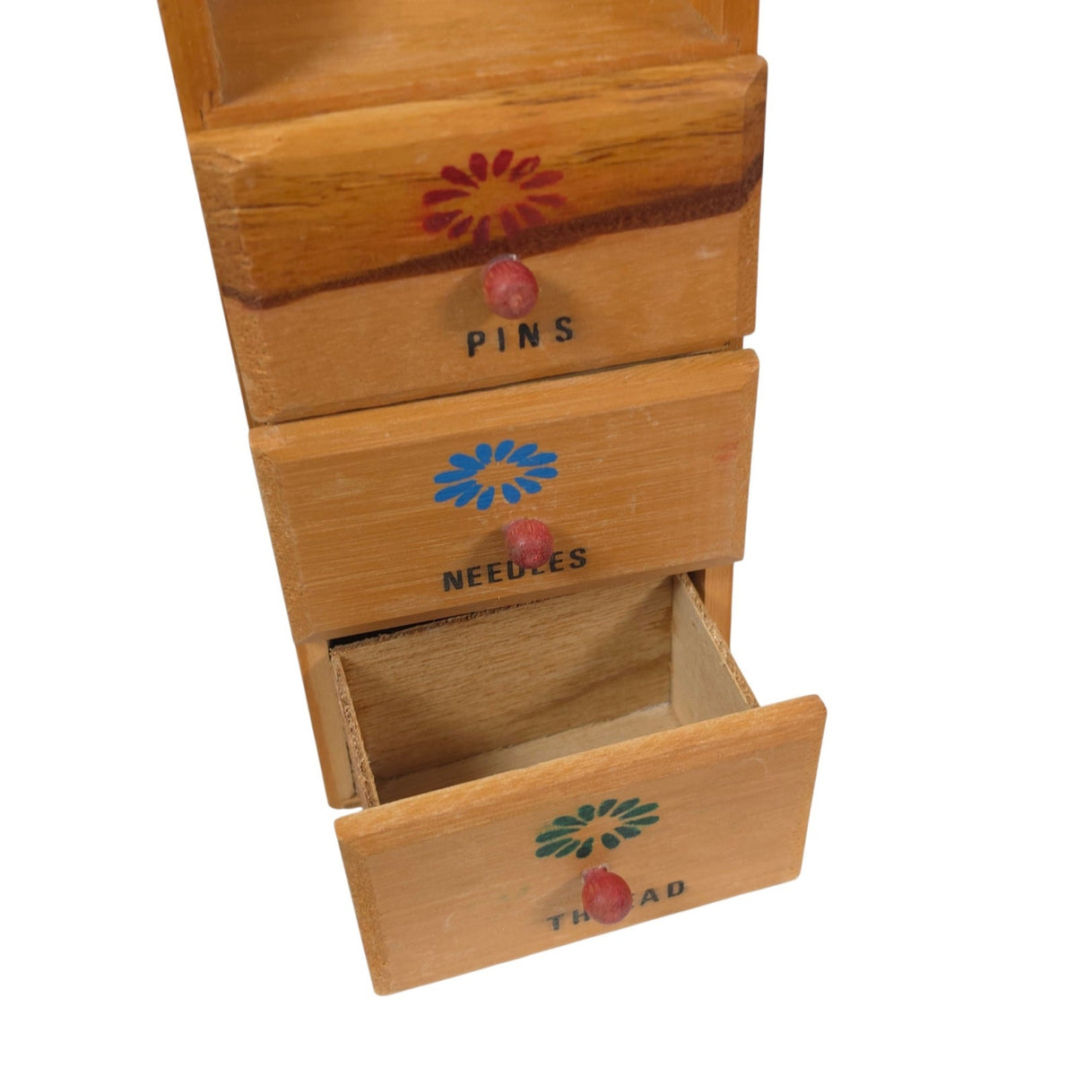 Vintage Wood Sewing Notions Box 3 Drawers Floral Wall Mount Pins Needles Thread