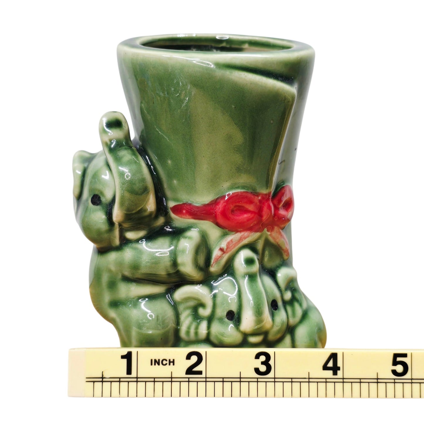 Vintage Green Elephant Ceramic Planter Rolled Scroll Design with Red Bow 5"