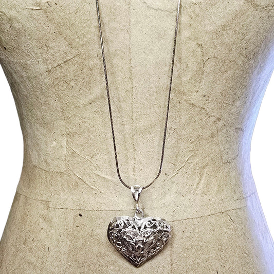 * Sterling Silver Filigree Cutout Love Birds/Dove Puffy Heart Pendant Vintage 925
