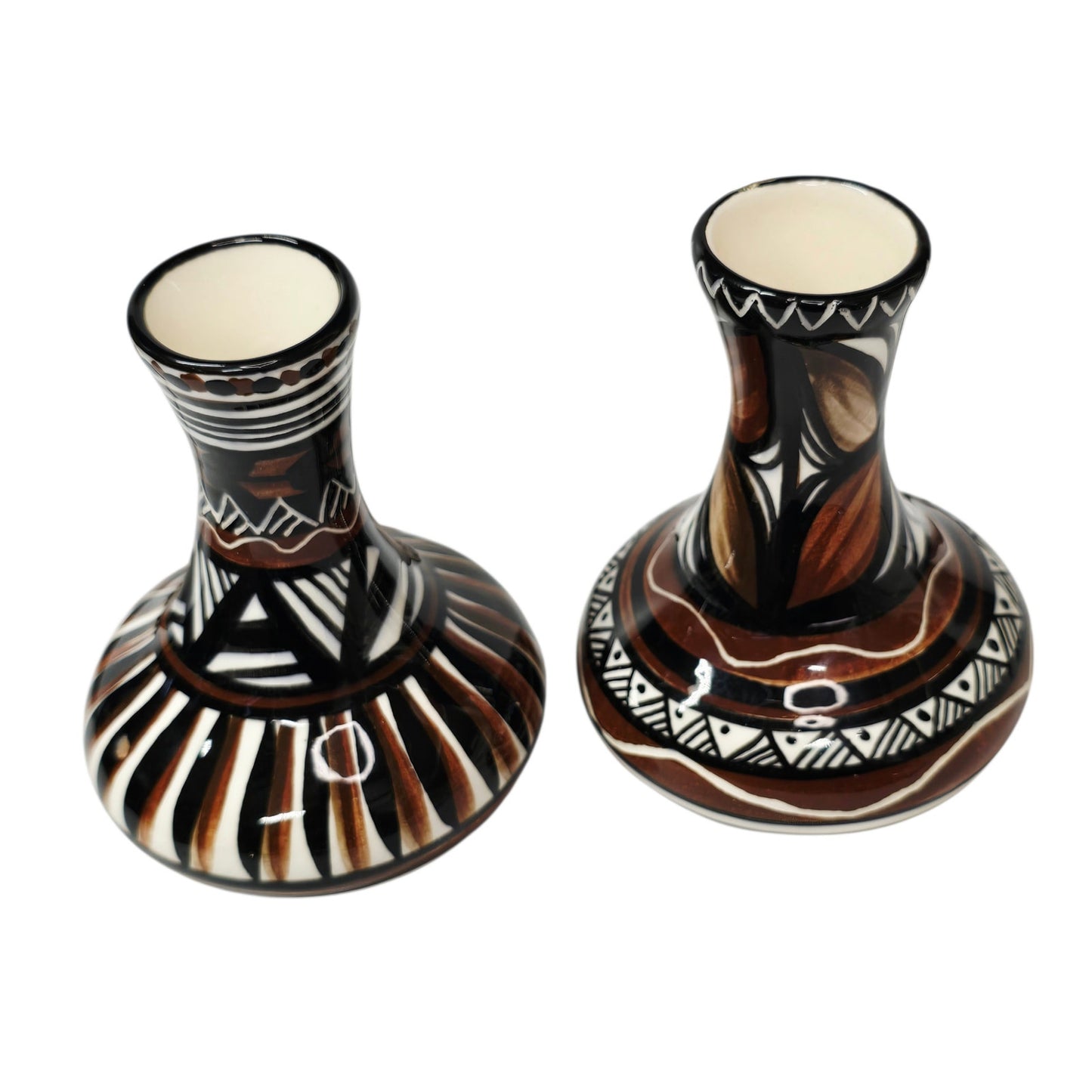 Pohaku Style Hawaiian Pottery Bud Vases Pair Hand Painted Tiki Polynesian