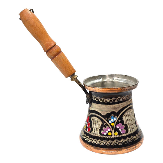 Vintage Hand Painted Copper Turkish Coffee Pot 6oz Enamel Floral Folk Art Cezve w/ Wood Handle