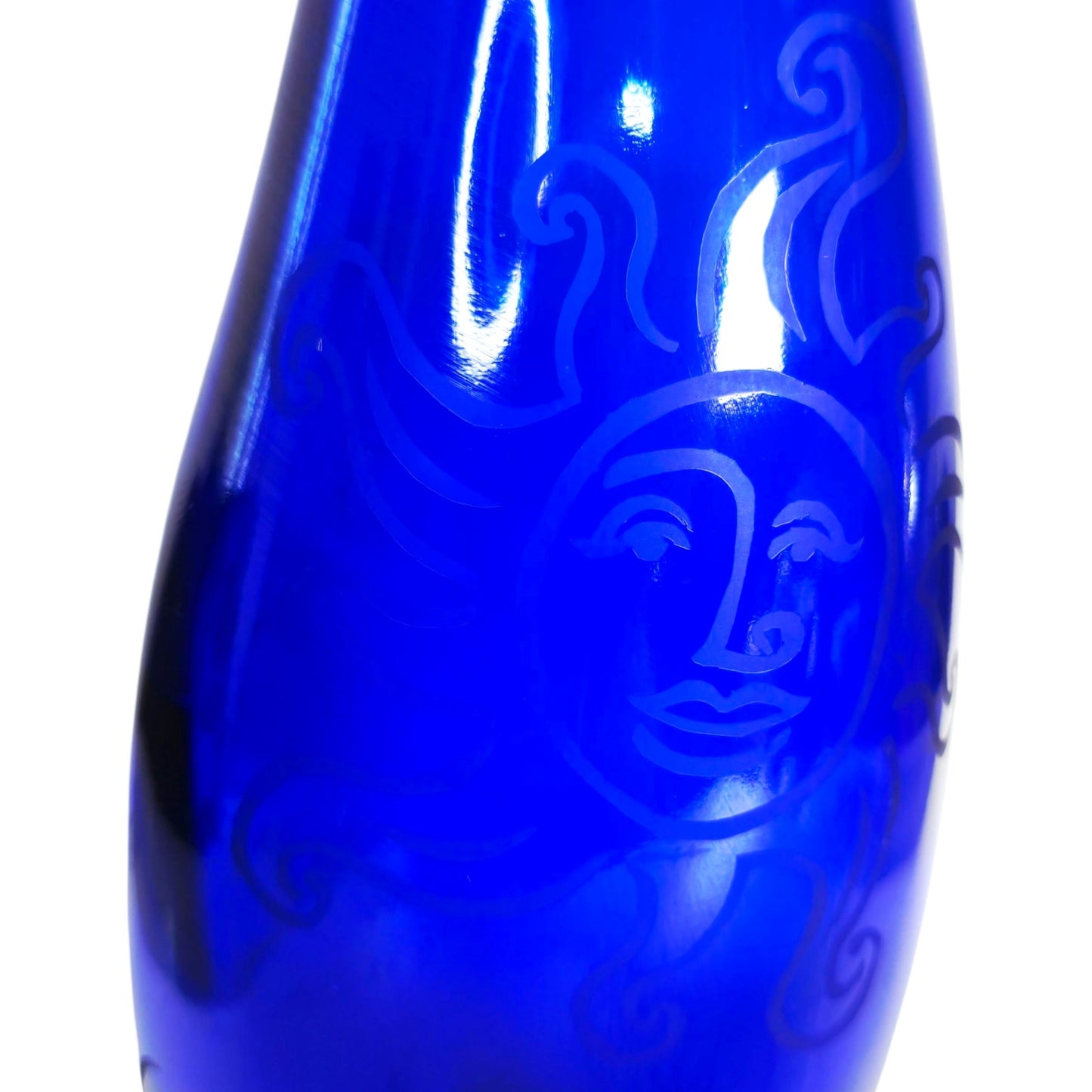 Vtg Decorative Cobalt Blue Glass Bottle with Sun / Sunburst Etching Curved Neck