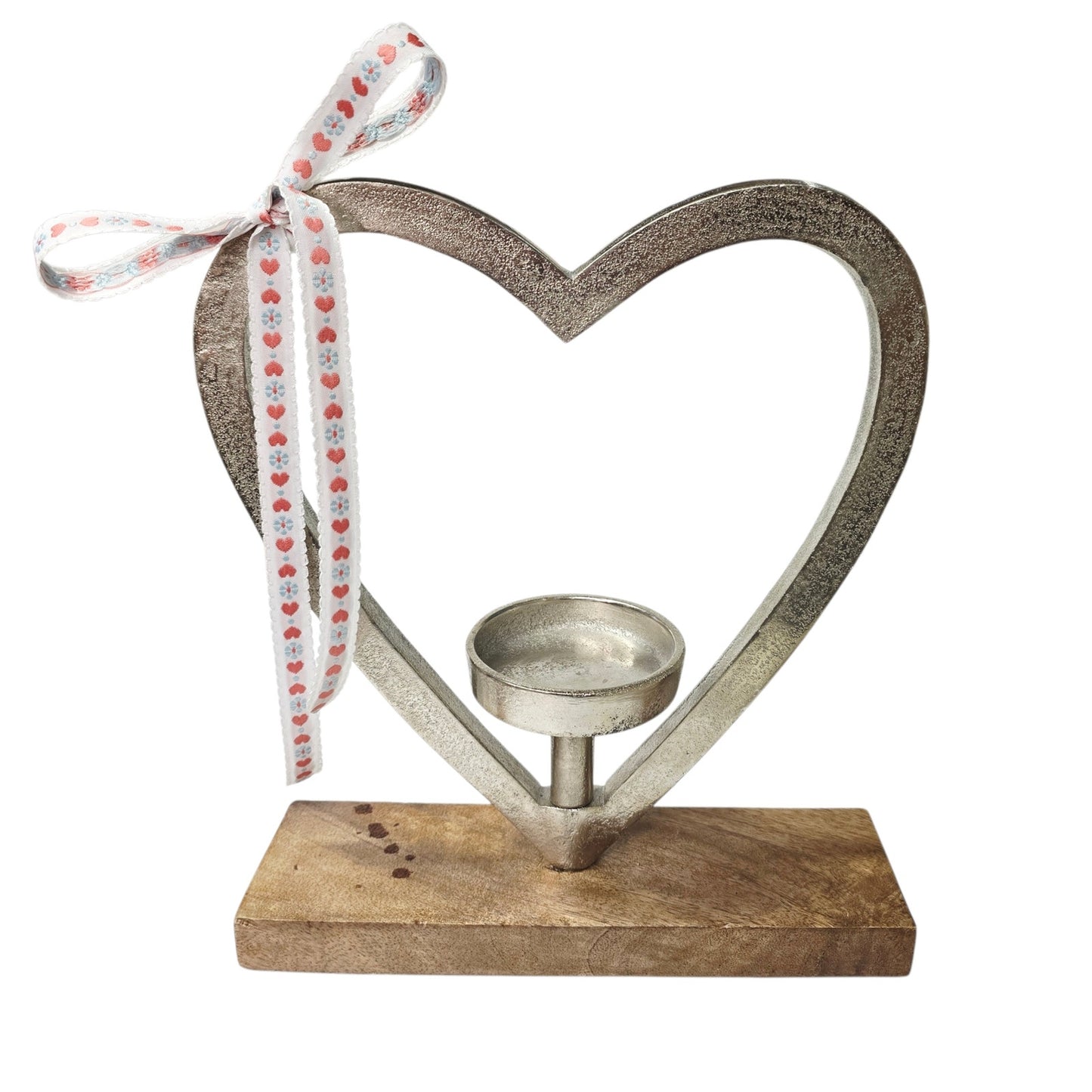 Heart-Shaped Candle Holder Silver-Finished Aluminum & Mango Wood India Valentine