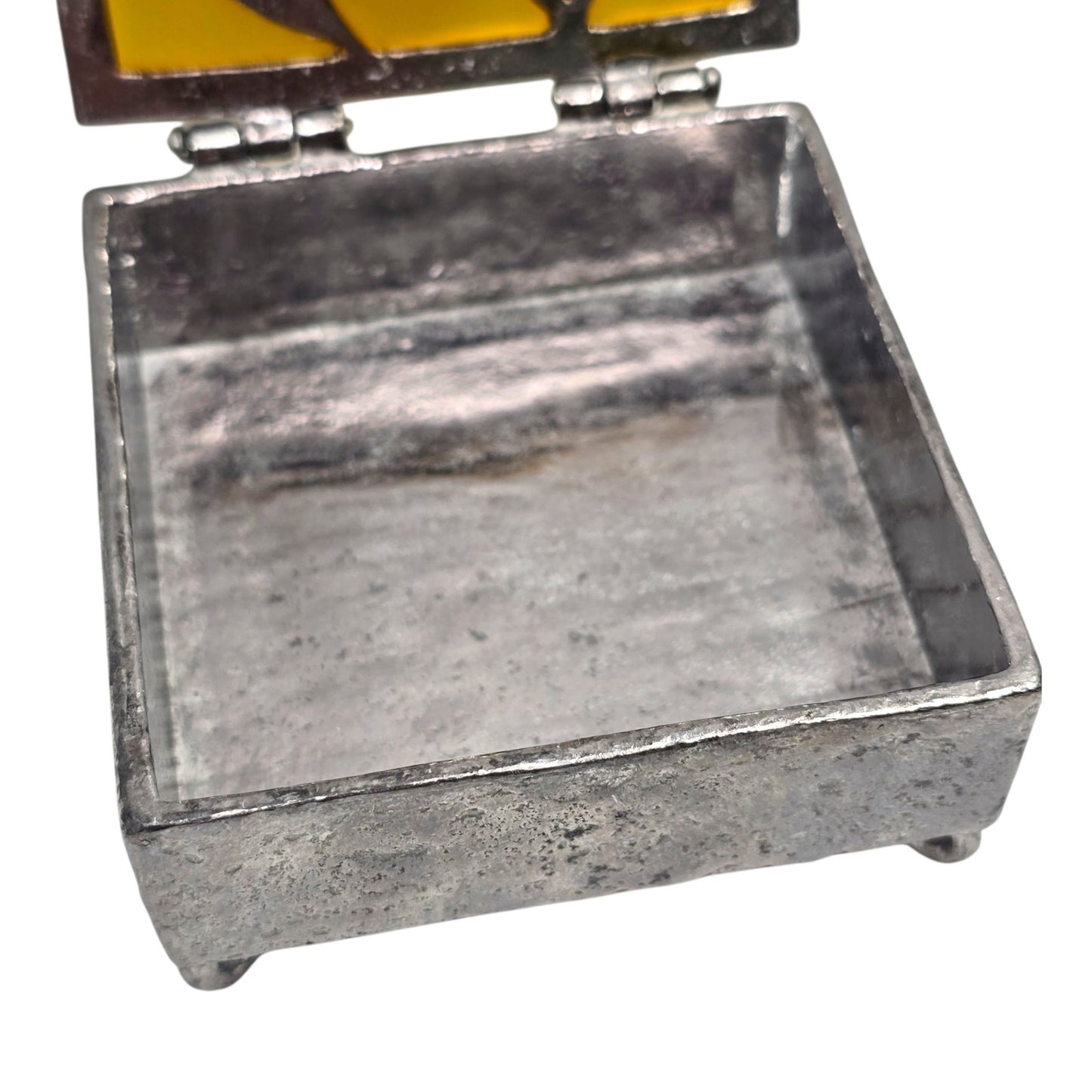 Vtg Stained Glass Moon Star Trinket Box Pewter Tone Soldered Metal Made USA