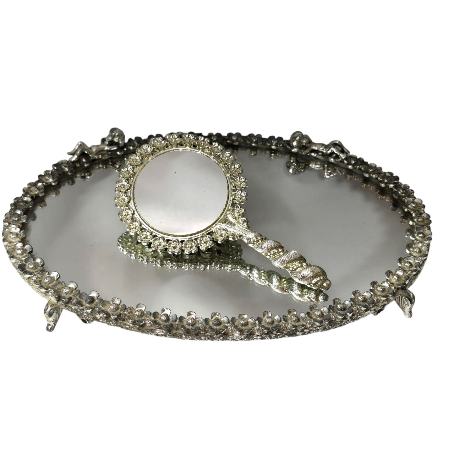 Sam Fink Vanity Set Mirror Tray Purse Mirror Cherub Flower Silver Tone Harp Feet