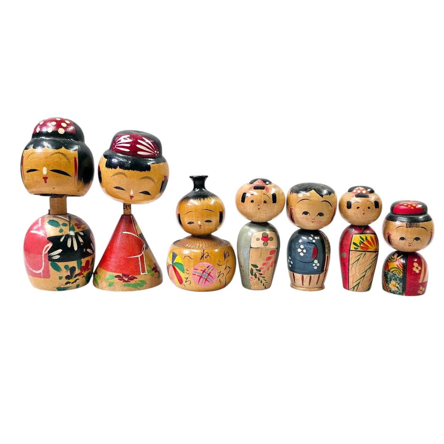 Lot of 7 Vintage Kokeshi Bobble Head Dolls