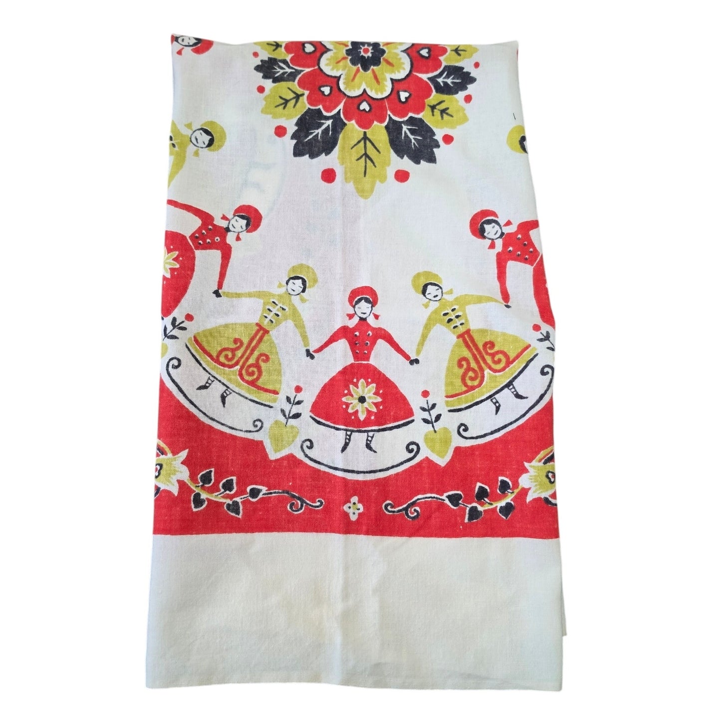 Startex Wonder-Dri Kitchen Towel Vintage Folk Art Dancers Floral Red White
