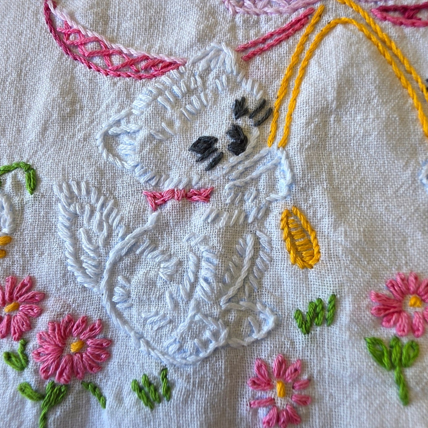 Vintage Embroidered Pillowcase Cats Wishbone Blue Lace Trim Pink Bow