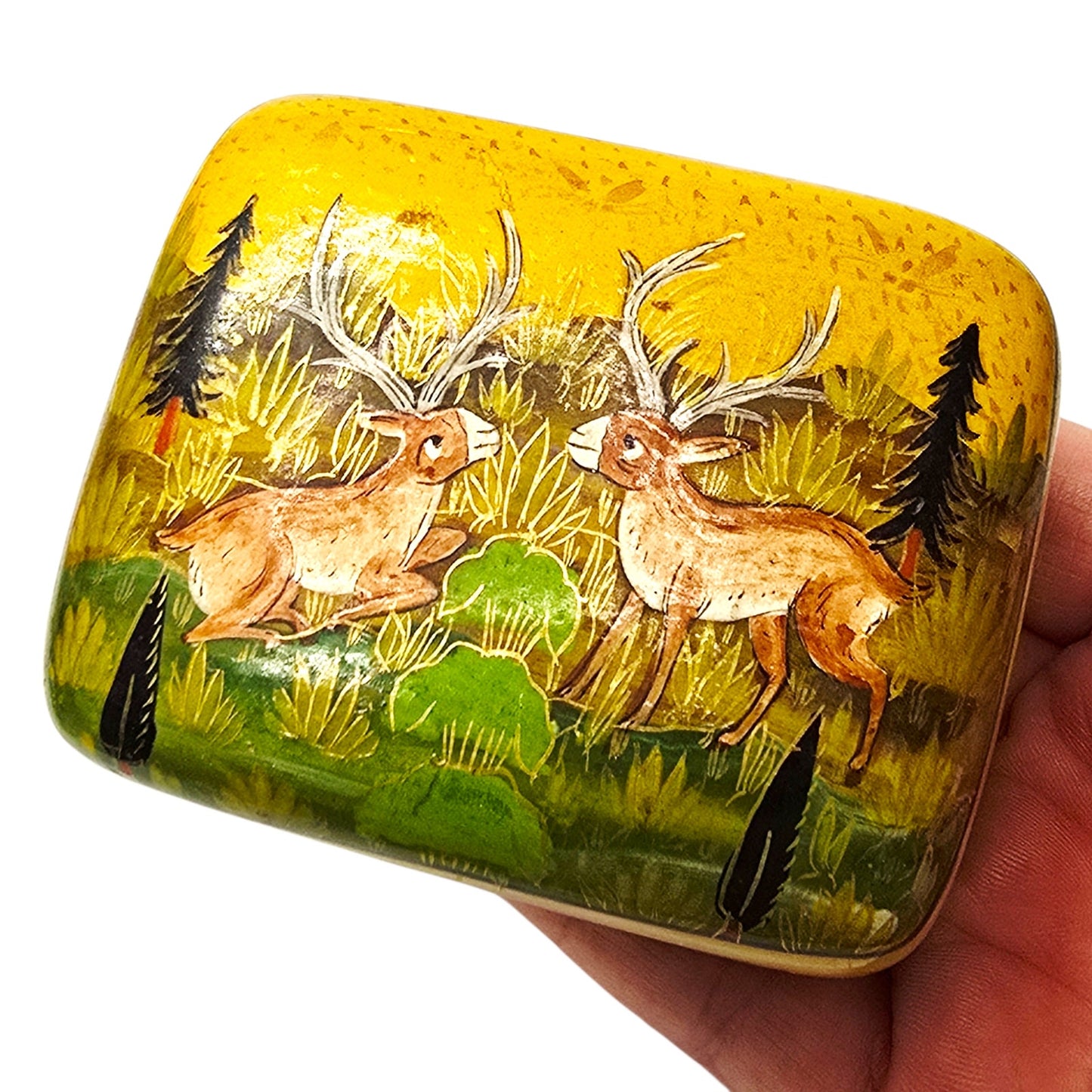 Vintage Kashmiri Hand-Painted Lacquerware Box - Stag & Doe Made in Kashmir India