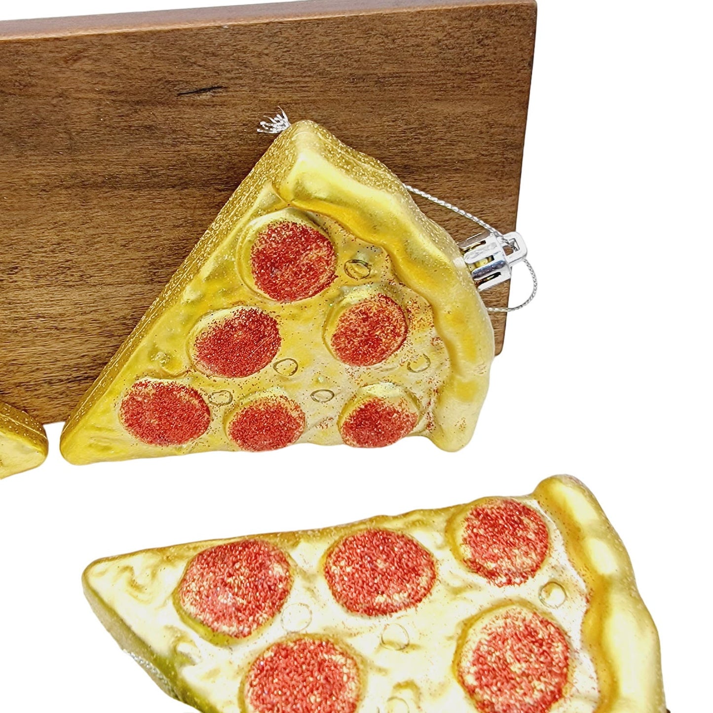 Set of 5 Glitter Ornaments 3 Pizza Slice Ornaments and 2 Gamer Control Ornaments