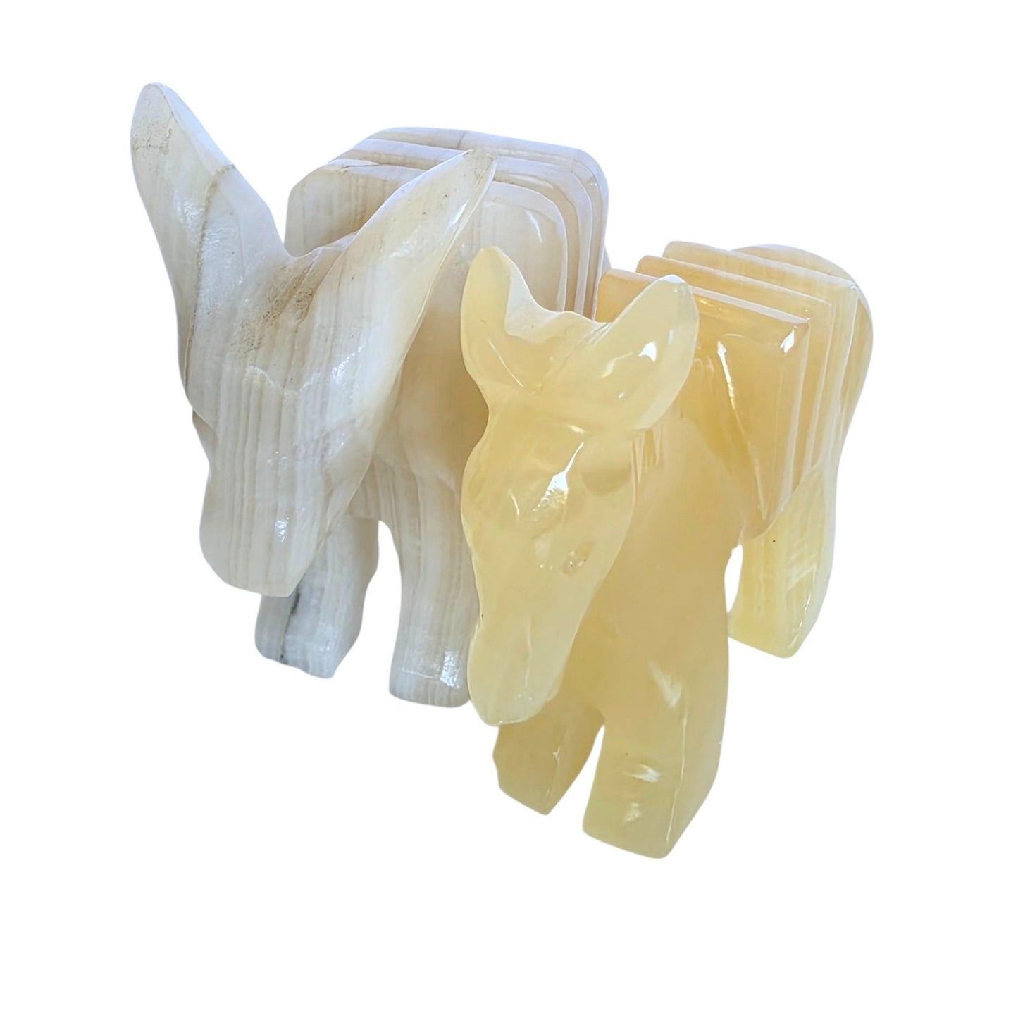 Vtg Carved Onyx Alabaster Donkey Figurines Pair UV Reactive Stone Nativity Piece