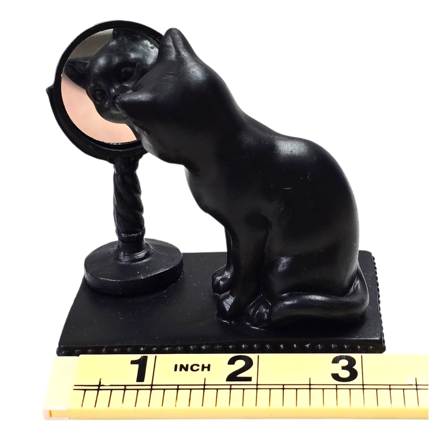Vtg Black Cat Figurine looking in Vanity Mirror Resin 3.25" Cat Lover Gift Decor