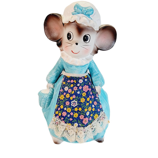 Vintage Ardco House Mouse Coin Bank Figurine 1960s Apron Blue Dress Country 7.5" H, Kitchy Decor