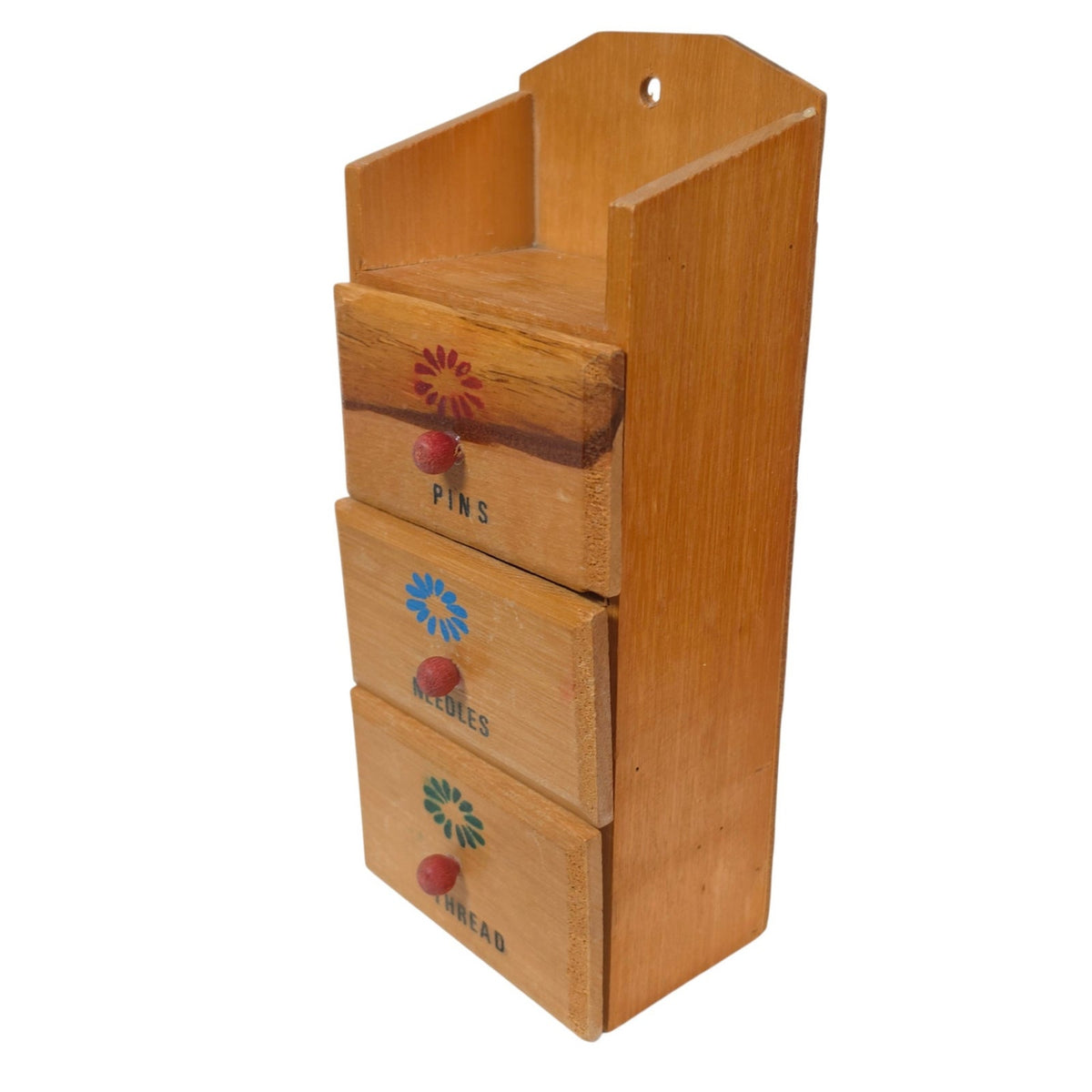 Vintage Wood Sewing Notions Box 3 Drawers Floral Wall Mount Pins Needles Thread