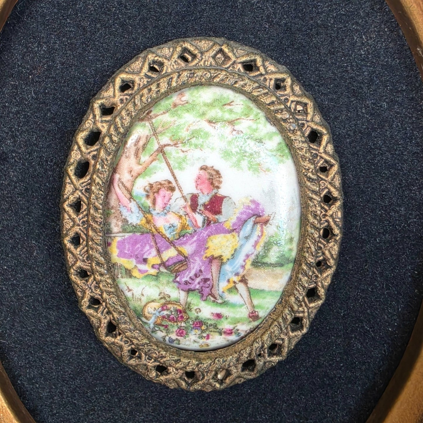Vintage Courting Couple Miniature Portrait Plaque Ornate Frame Made in USA