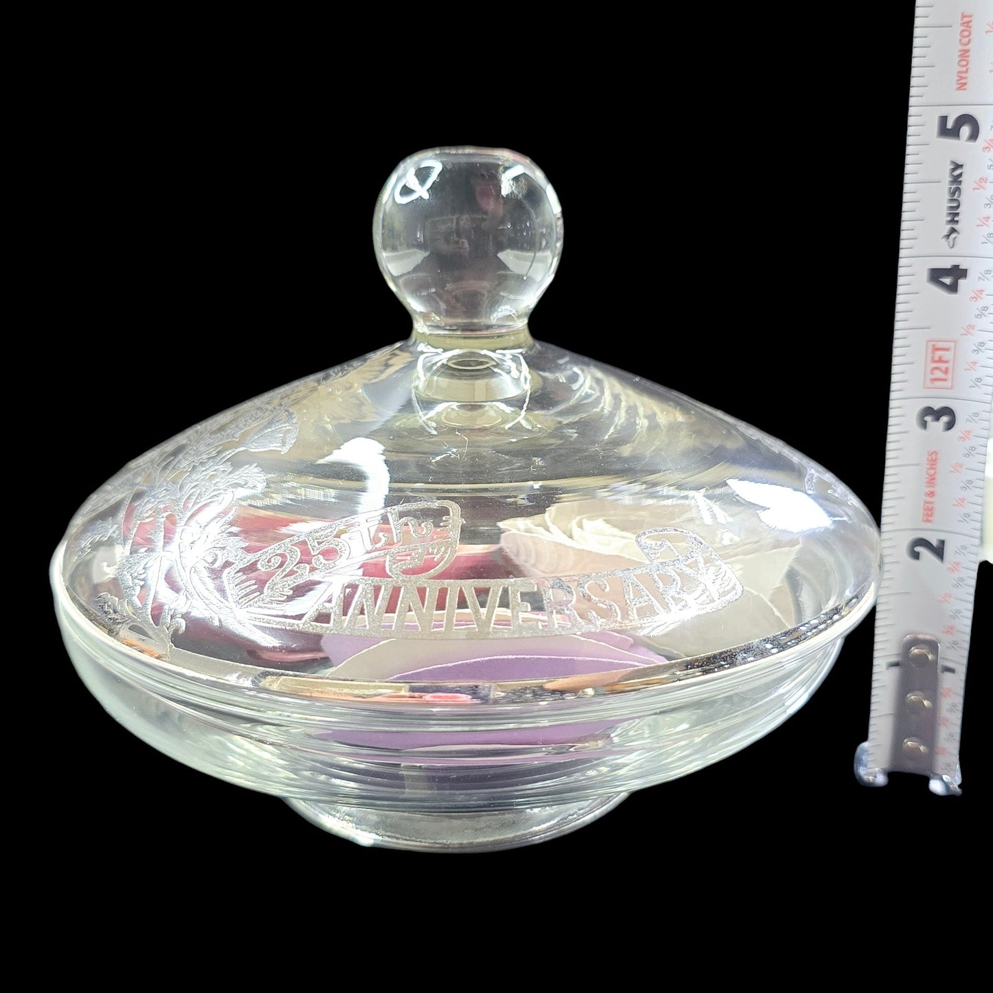 Vintage 25th Anniversary Lidded Glass Bowl with Silver Overlay