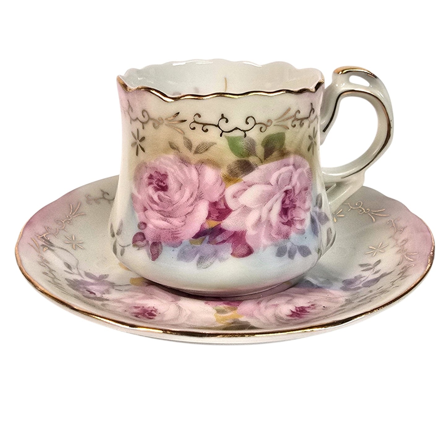 Vintage Japanese Porcelain Demitasse Cup and Saucer Set Floral Gold Trim Rose