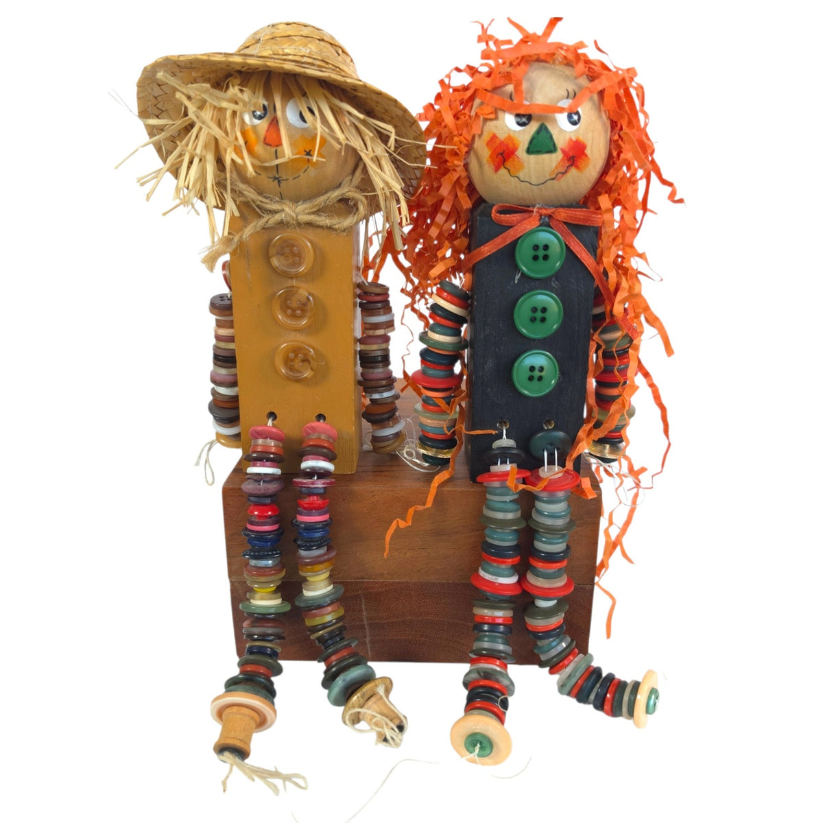 Handmade Folk Art Scarecrow Dolls Shelf Sitters Button Limbs Pair Fall Decor