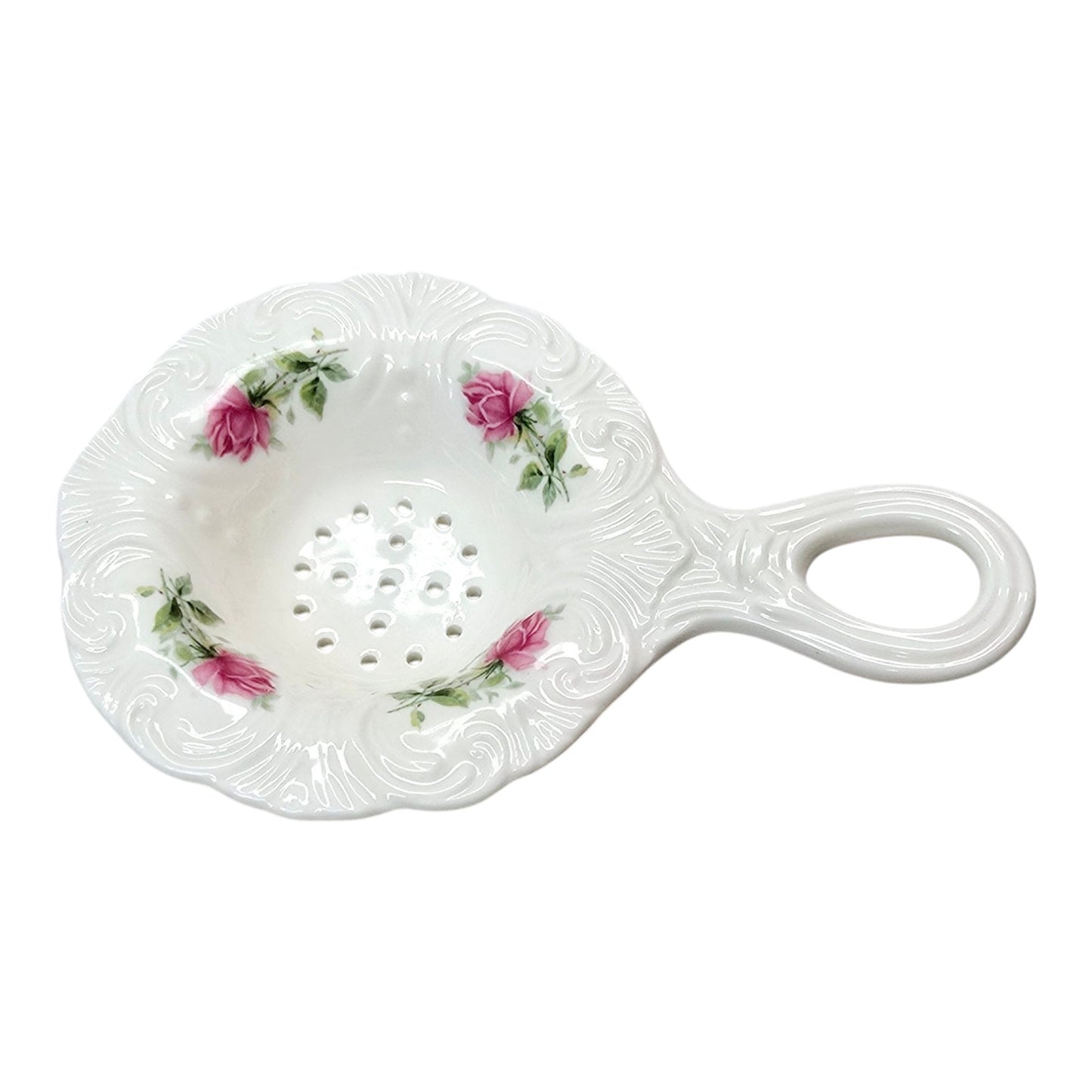 Set of 3 Dainty Tea Dishes: Allyn Nelson Porcelain Tea Strainer and Drip Bowl, plus a dainty Queen's England Prairie Rose Dish