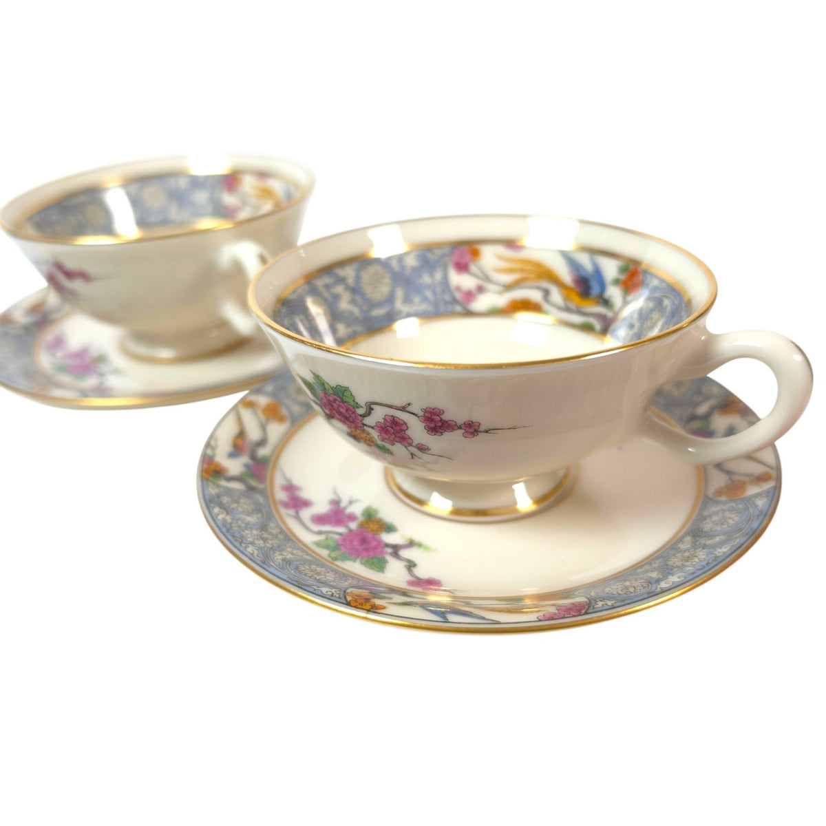 Vintage Lenox Ming P-16 Footed Teacups & Saucers Set of 2 Bird Floral Gold USA