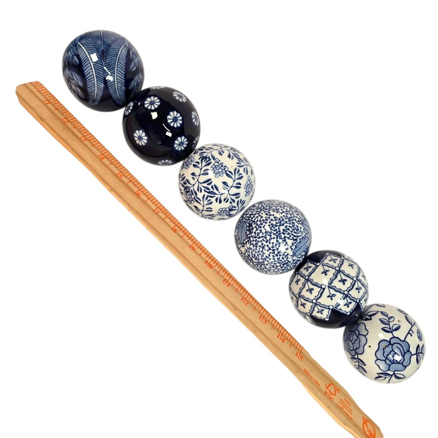 Blue and White Ceramic Decorative Orbs Set of 6 Chinoiserie Style Home Decor