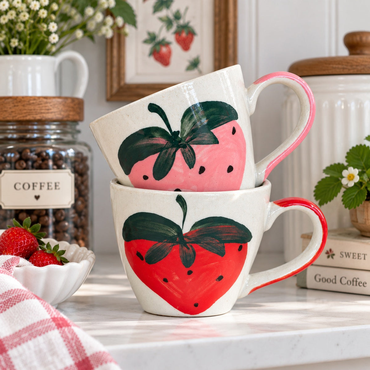 Vintage Hand-Painted Stoneware Strawberry Mugs Set of 2 Cute Art Pottery