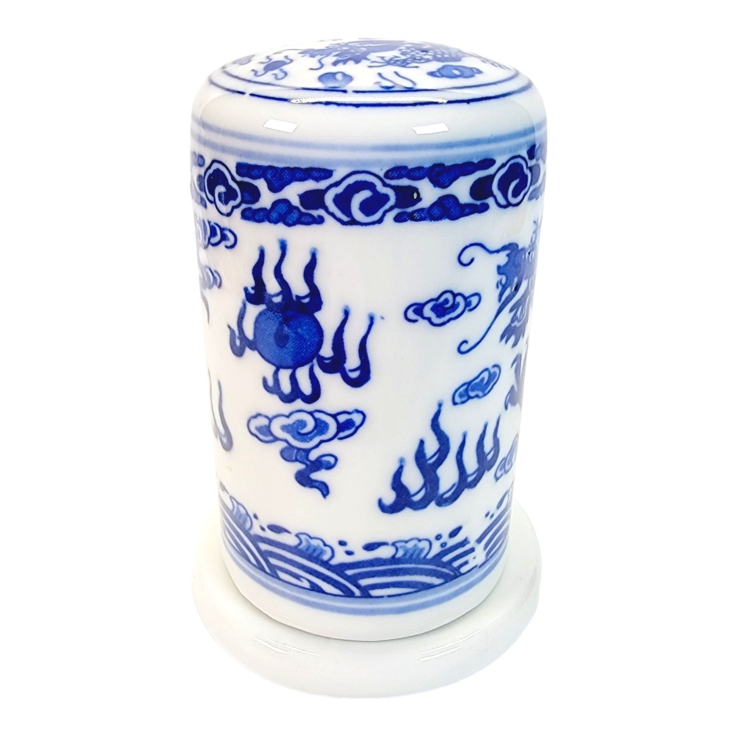 Unique Covered Toothpick Holder with Lid, Blue and White Dragon