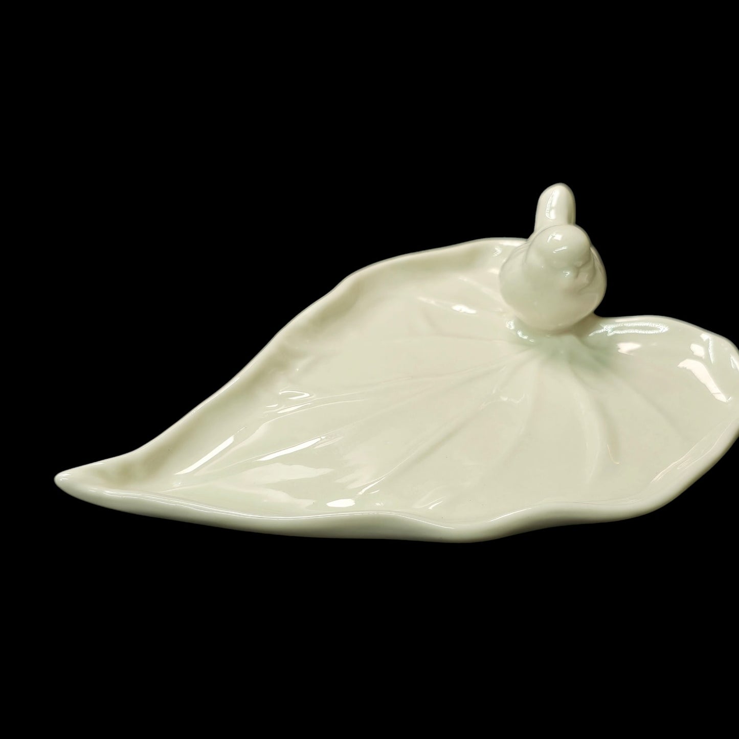 White Ceramic Song Bird on Leaf Jewelry Tray