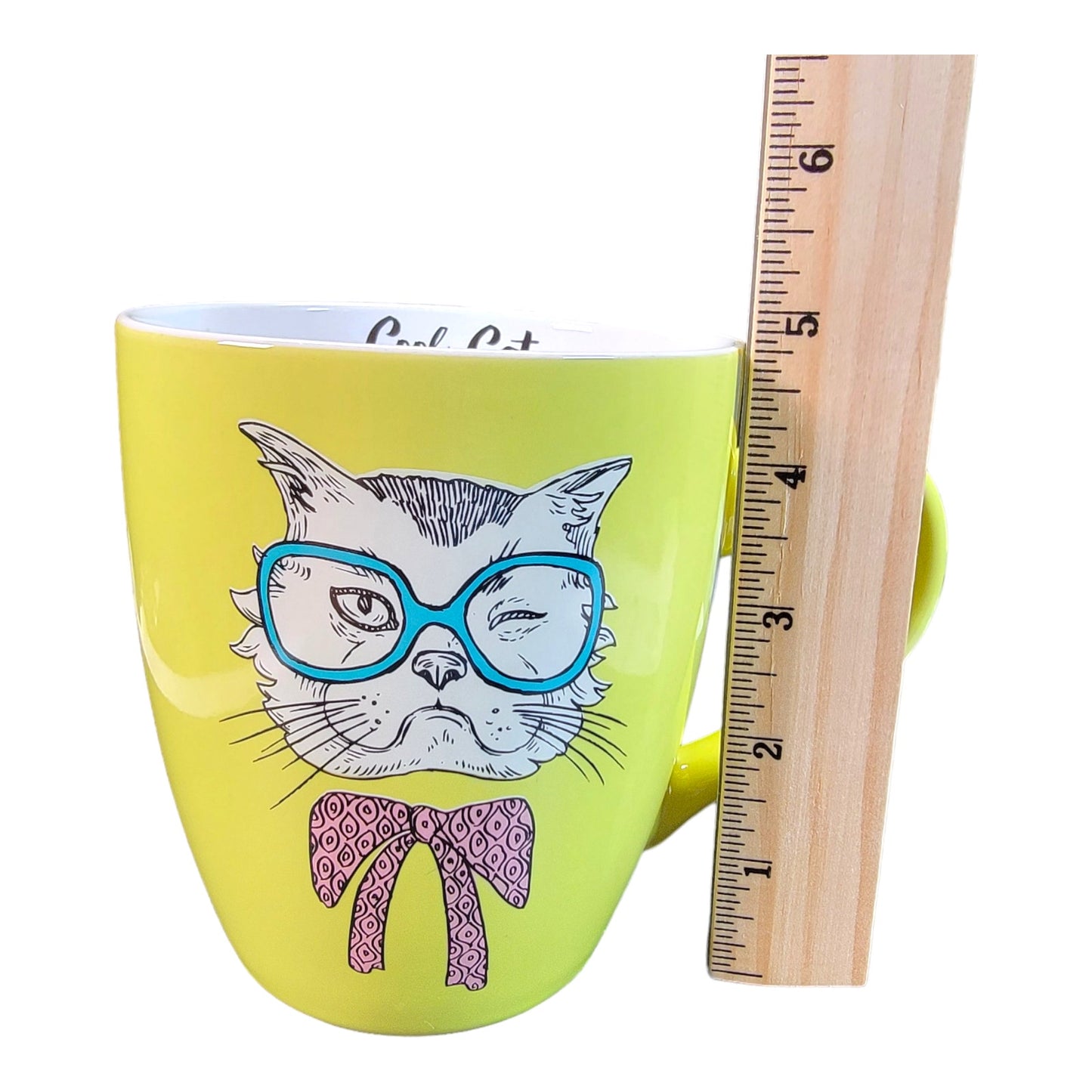 Clay Art "Cool Cat" Large Coffee Mug, Lime Yellow, Grumpy Cat in Glasses